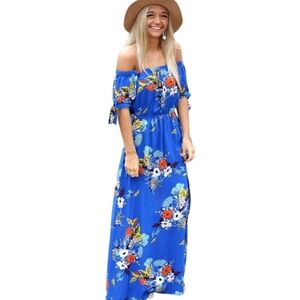 Band of Gypsies Off-the-Shoulder Blue Sz XS Floral Print Midi Dress Pockets Boho